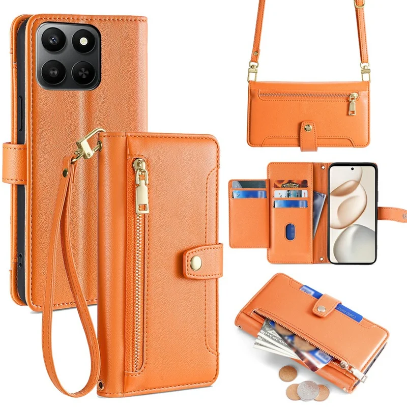 For Honor 400 Smart 5G / X7d 4G Læderetui med lynlåsefag, wallettelebeskyttelse med 2 remme - Orange