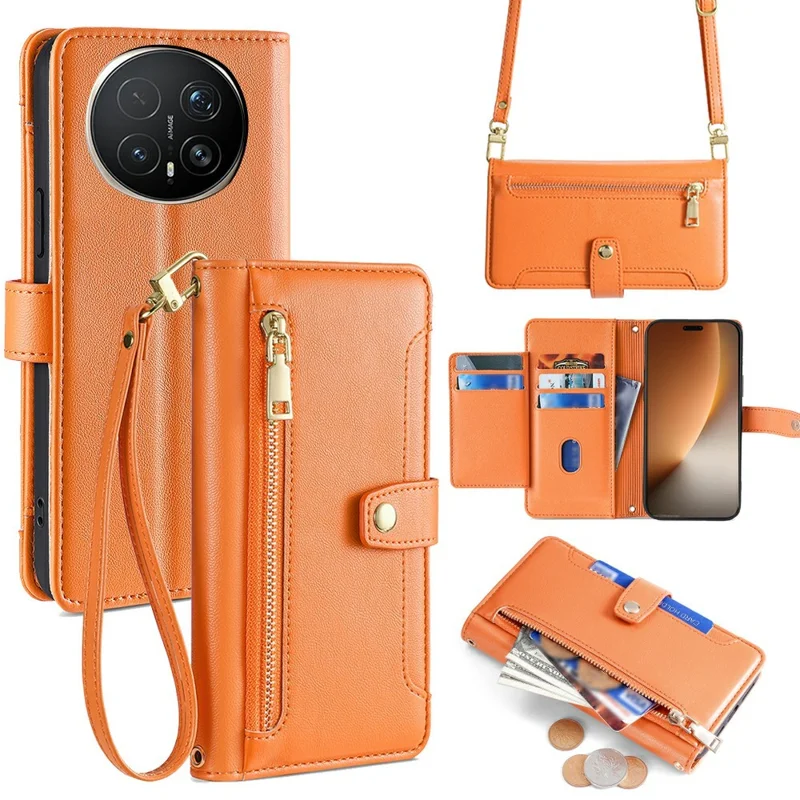 For Honor Magic8 Pro 5G Leather Case Zipper Pocket Wallet Phone Cover with 2 Straps - Orange