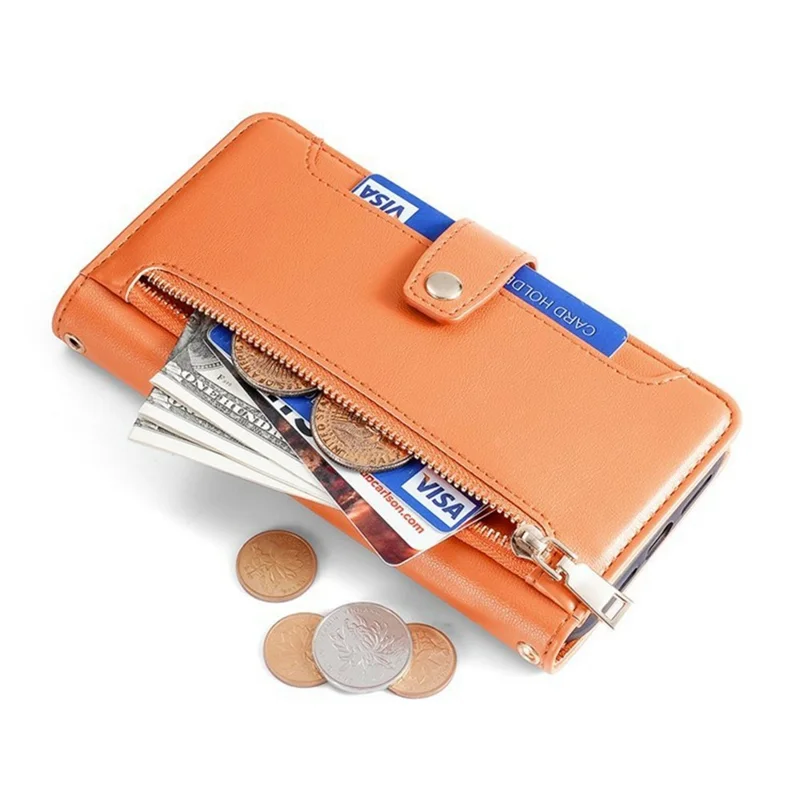 For Honor Magic8 Pro 5G Leather Case Zipper Pocket Wallet Phone Cover with 2 Straps - Orange