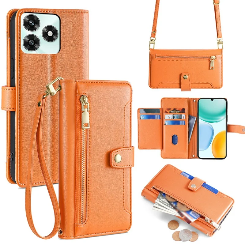 Cover in pelle per Honor X5c 4G con tasca con cerniera, portafoglio, 2 cinghie - Arancione