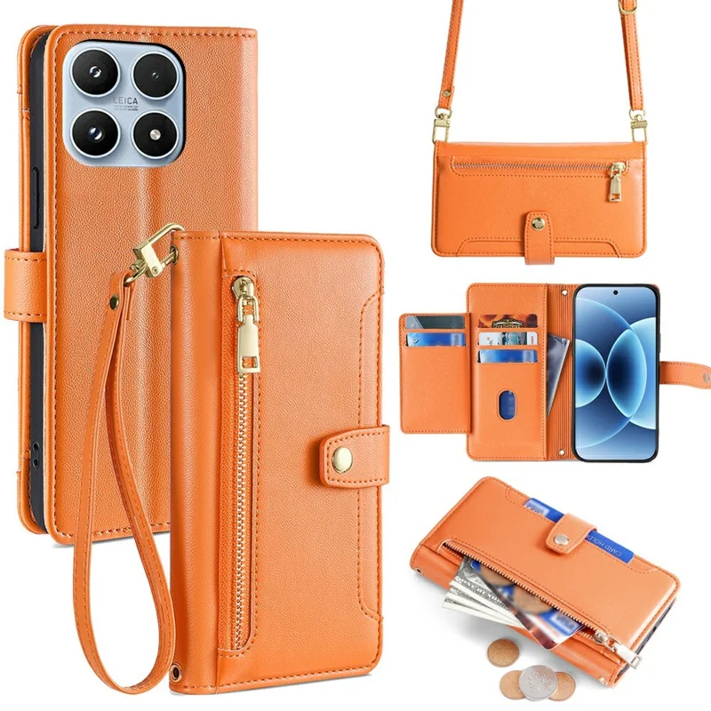 For Xiaomi 17 Leather Case Zipper Pocket Wallet Phone Cover with 2 Straps - Orange