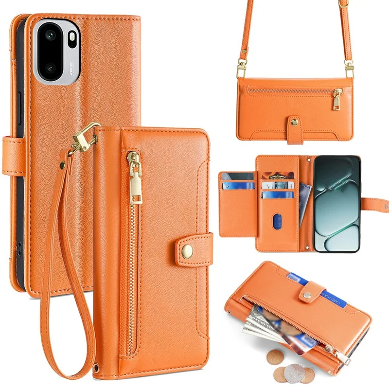 For OnePlus Ace 6T 5G / Ace 6 5G Leather Case Zipper Pocket Wallet Phone Cover with 2 Straps - Orange