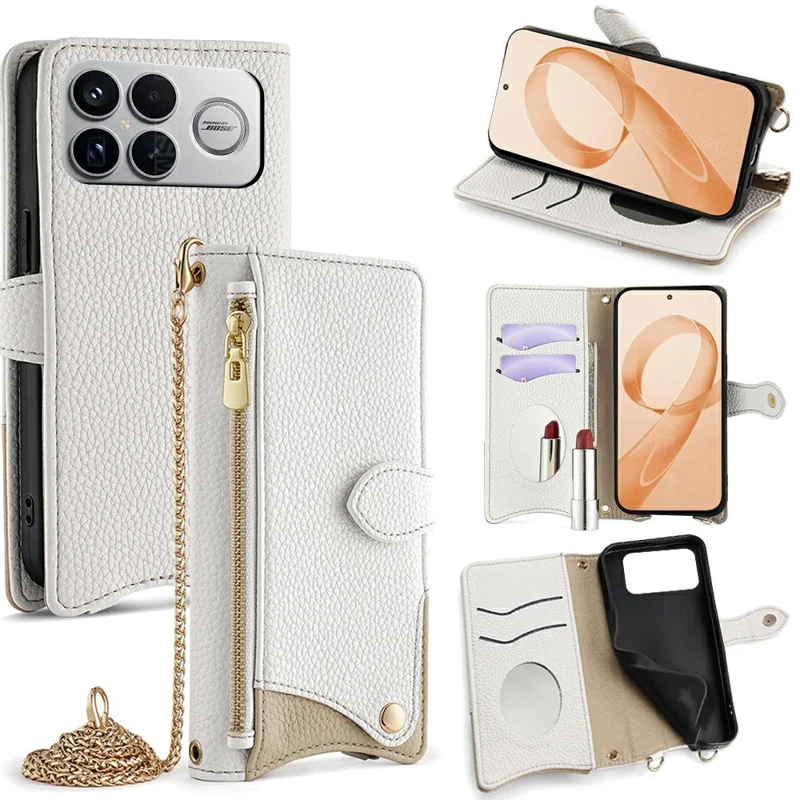 For Xiaomi Poco F8 Ultra / Redmi K90 Pro Max 5G Leather Case Wallet Stand Cover Irregular Tail Style with Chain Strap - White