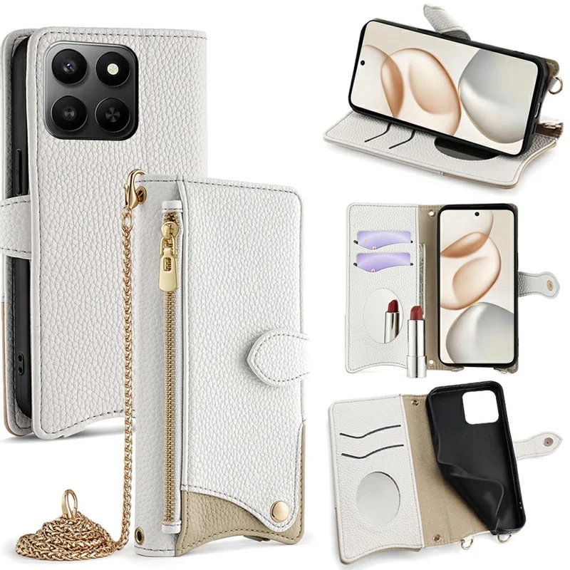 Voor Honor 400 Smart 5G / X7d 4G Leren Hoesje Portemonnee Stand Cover met Onregelmatige Staartstijl en Kettingriem - Wit