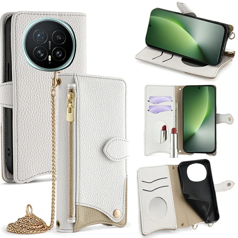 For Honor Magic8 5G Leather Case Wallet Stand Cover Irregular Tail Style with Chain Strap - White