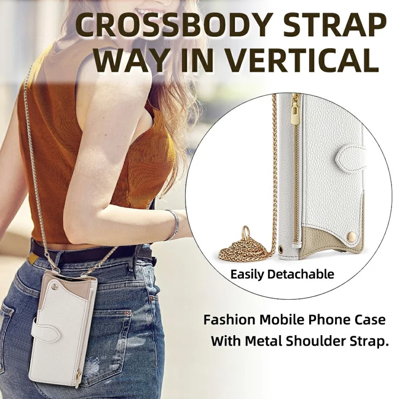 For Honor Magic8 5G Leather Case Wallet Stand Cover Irregular Tail Style with Chain Strap - White