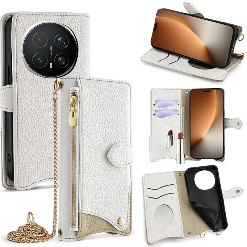 Fodral av läder till Honor Magic8 Pro 5G med plånbok, ställfunktion och oregelbunden svansdesign med kedjeband - Vit