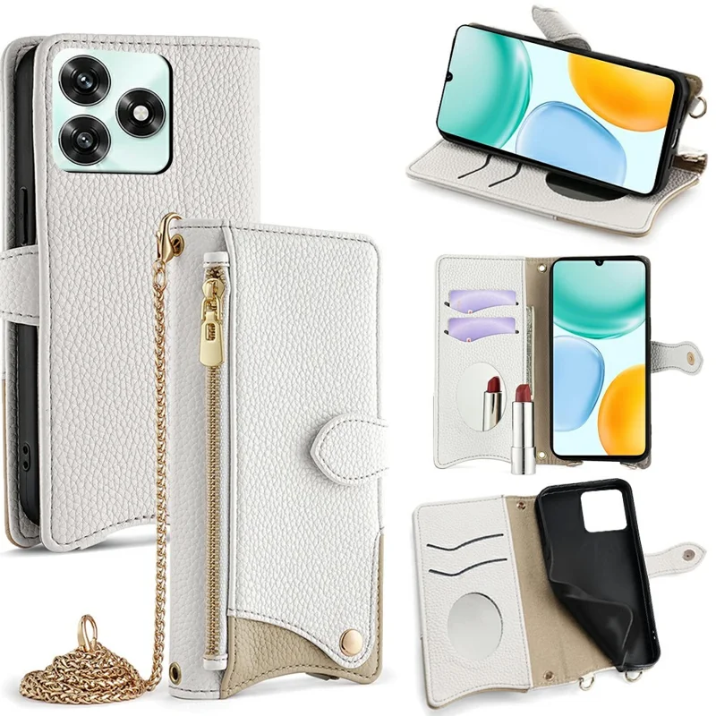 For Honor X5c 4G Leather Case Wallet Stand Cover Irregular Tail Style with Chain Strap - White