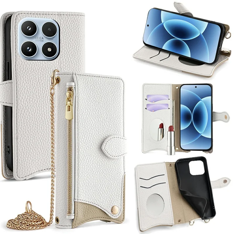 Für Xiaomi 17 Ledertasche mit Geldbörse und Ständerabdeckung, unregelmäßiger Schwanz-Style mit Kettengurt – Weiß