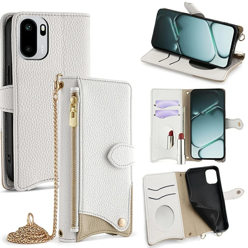Cover con Portafoglio in Pelle per OnePlus Ace 6 5G, Custodia con Supporto e Stile di Coda Irregolare con Tracolla a Catena - Bianco
