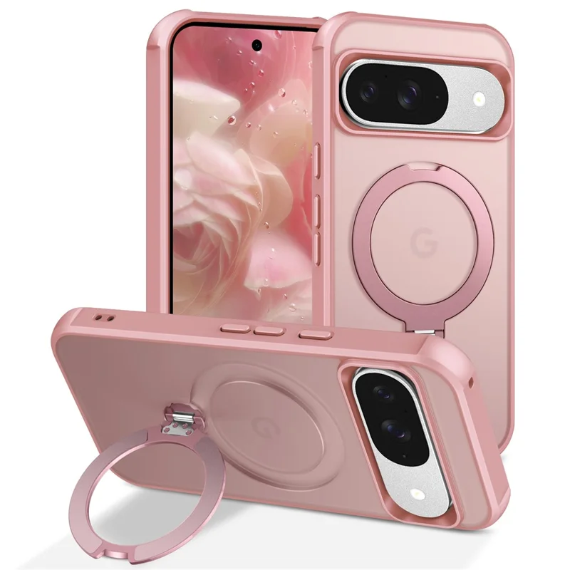 Cover magnetico per Google Pixel 9 / 9 Pro con supporto a anello girevole, custodia posteriore antiurto in TPU e PC - Rosa
