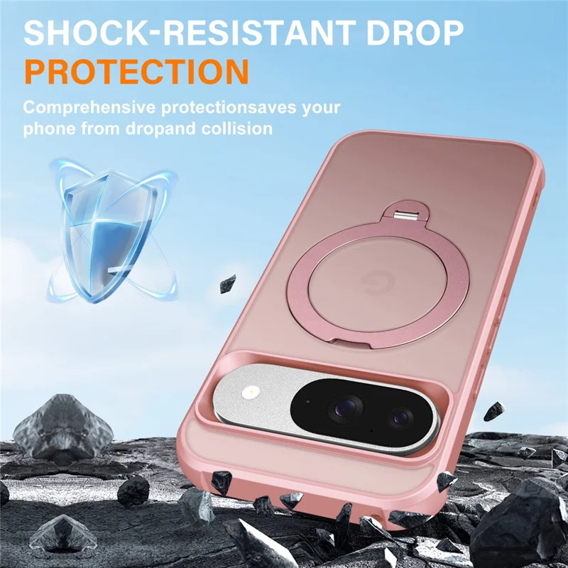 Cover magnetico per Google Pixel 9 / 9 Pro con supporto a anello girevole, custodia posteriore antiurto in TPU e PC - Rosa