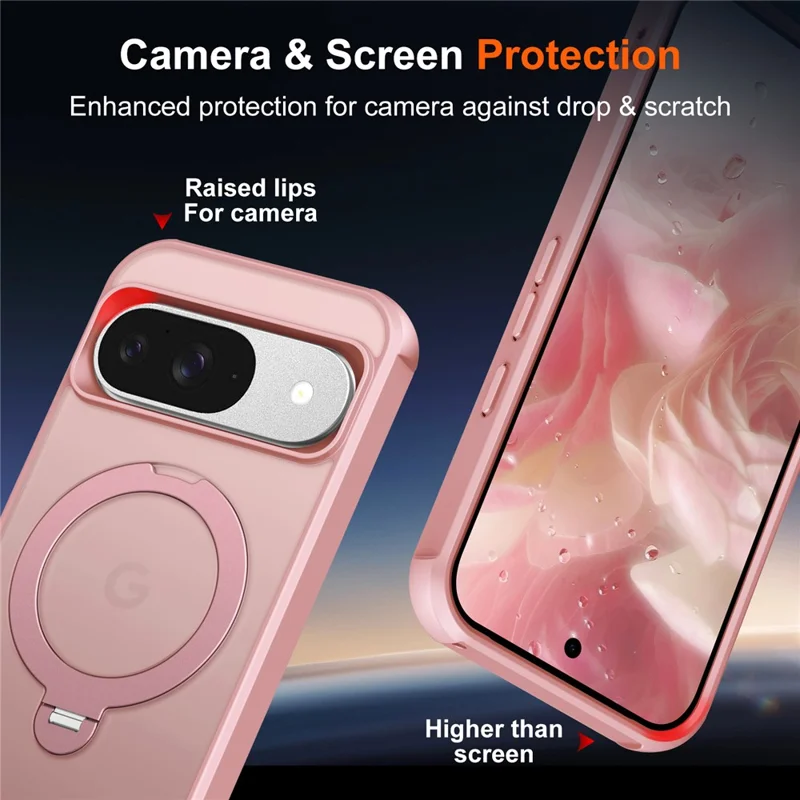 Cover magnetico per Google Pixel 9 / 9 Pro con supporto a anello girevole, custodia posteriore antiurto in TPU e PC - Rosa