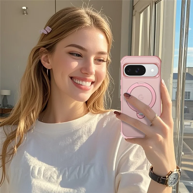 Cover magnetico per Google Pixel 9 / 9 Pro con supporto a anello girevole, custodia posteriore antiurto in TPU e PC - Rosa