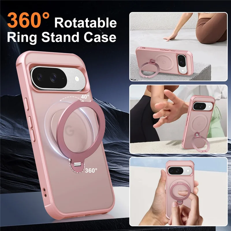 Cover magnetico per Google Pixel 9 / 9 Pro con supporto a anello girevole, custodia posteriore antiurto in TPU e PC - Rosa