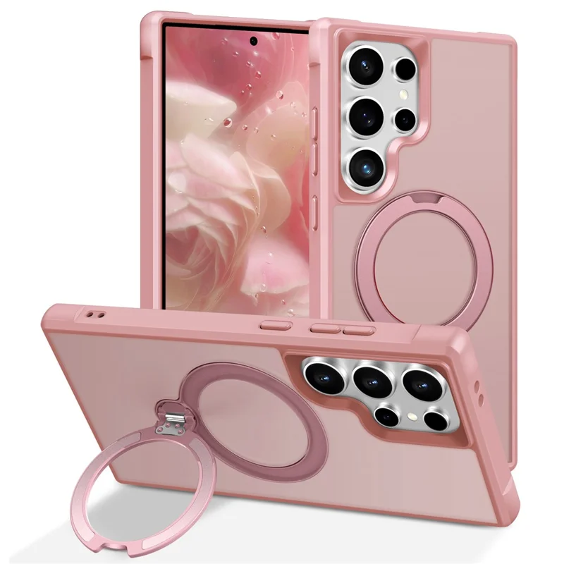 For Samsung Galaxy S24 Ultra Magnetic Case Kickstand TPU PC Shockproof Phone Back Cover - Pink