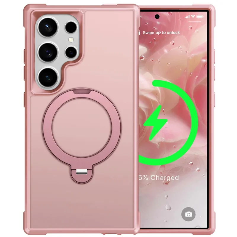 For Samsung Galaxy S24 Ultra Magnetic Case Kickstand TPU PC Shockproof Phone Back Cover - Pink