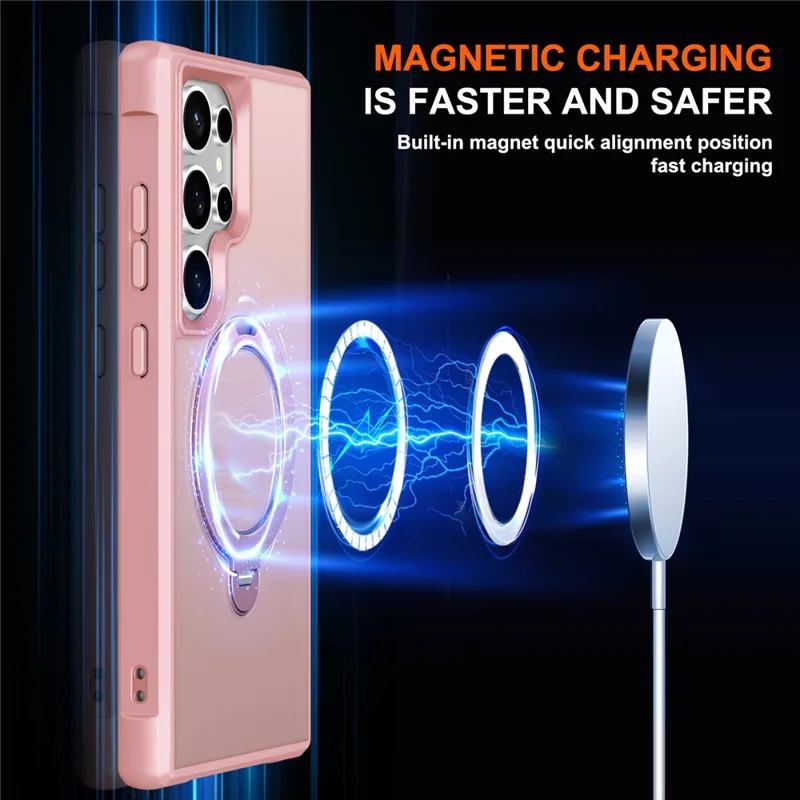 For Samsung Galaxy S24 Ultra Magnetic Case Kickstand TPU PC Shockproof Phone Back Cover - Pink