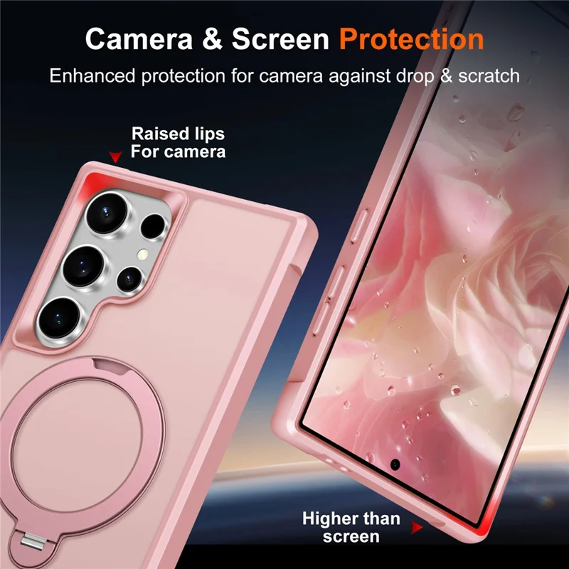 For Samsung Galaxy S24 Ultra Magnetic Case Kickstand TPU PC Shockproof Phone Back Cover - Pink