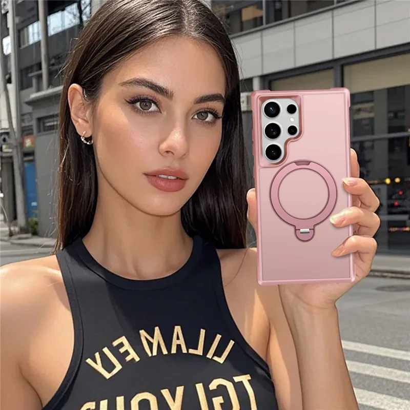 For Samsung Galaxy S24 Ultra Magnetic Case Kickstand TPU PC Shockproof Phone Back Cover - Pink