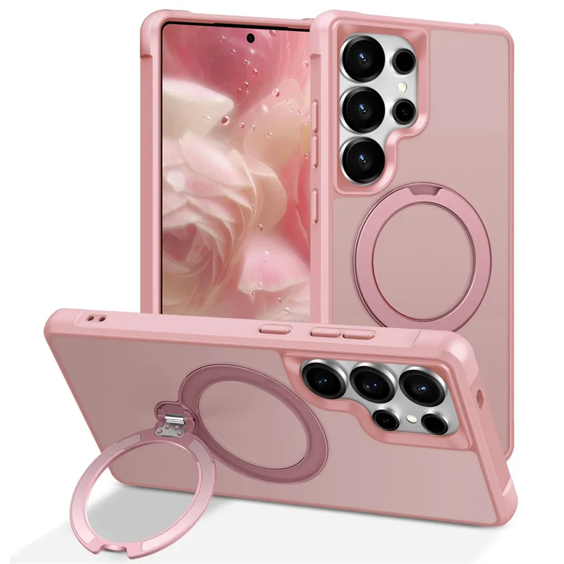 For Samsung Galaxy S25 Ultra Magnetic Case Kickstand TPU PC Shockproof Phone Back Cover - Pink