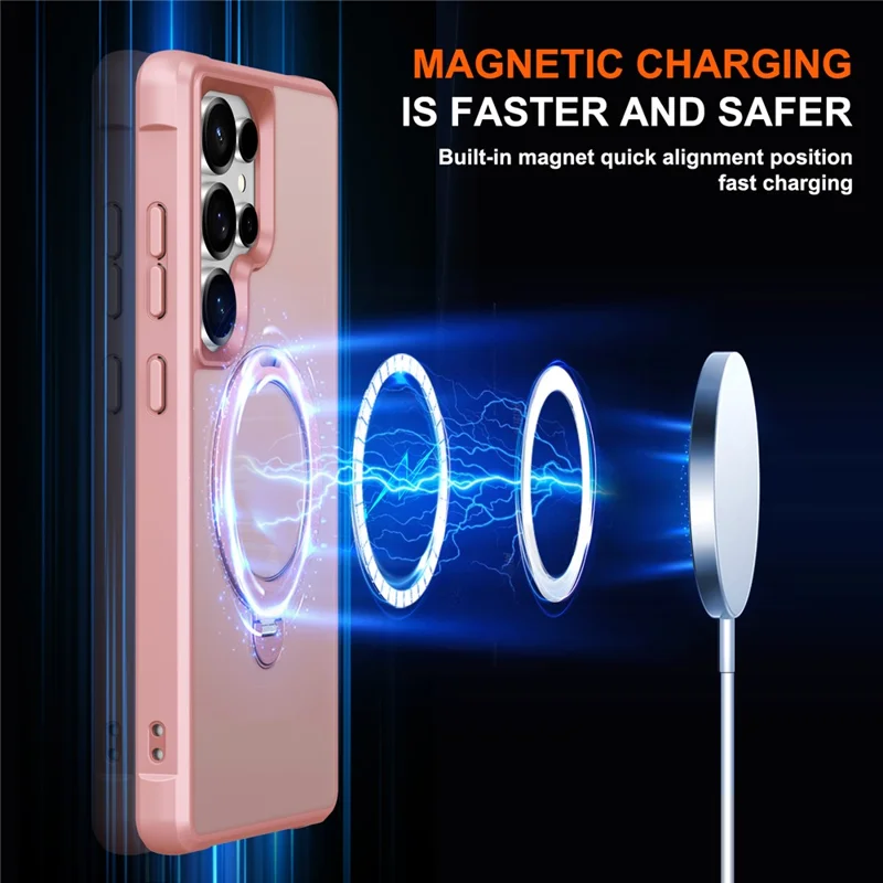For Samsung Galaxy S25 Ultra Magnetic Case Kickstand TPU PC Shockproof Phone Back Cover - Pink