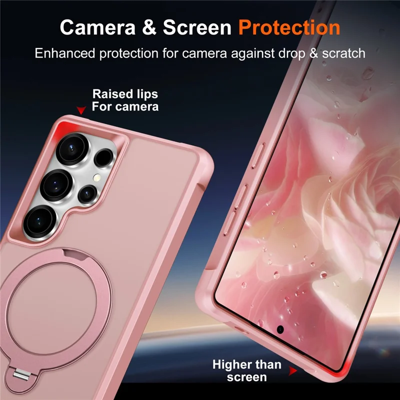 For Samsung Galaxy S25 Ultra Magnetic Case Kickstand TPU PC Shockproof Phone Back Cover - Pink