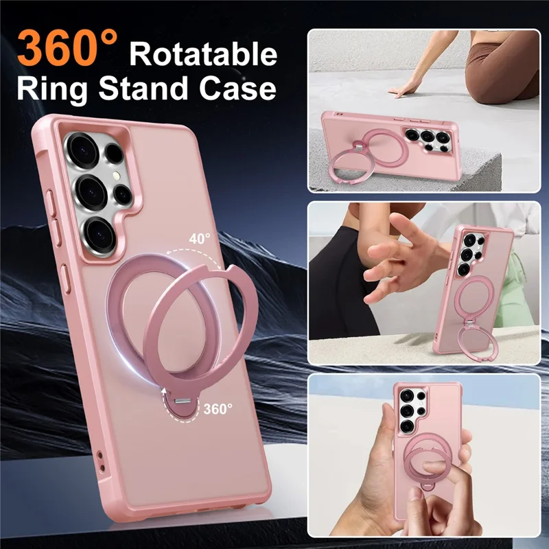 For Samsung Galaxy S25 Ultra Magnetic Case Kickstand TPU PC Shockproof Phone Back Cover - Pink
