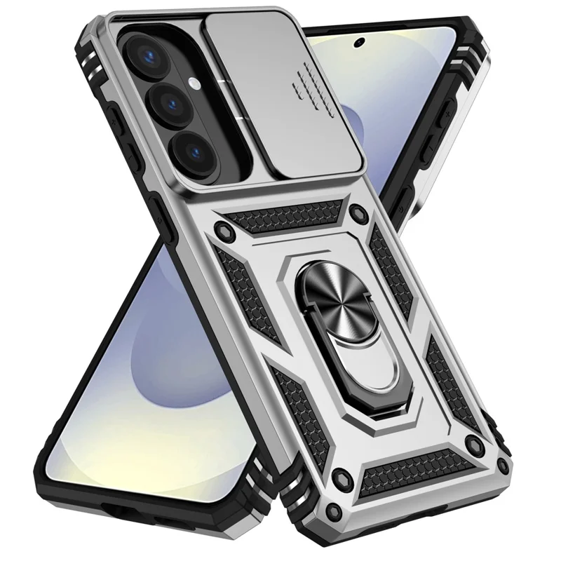 For Samsung Galaxy S26+ Case PC + TPU Phone Cover with Lens Protection Kickstand - Silver