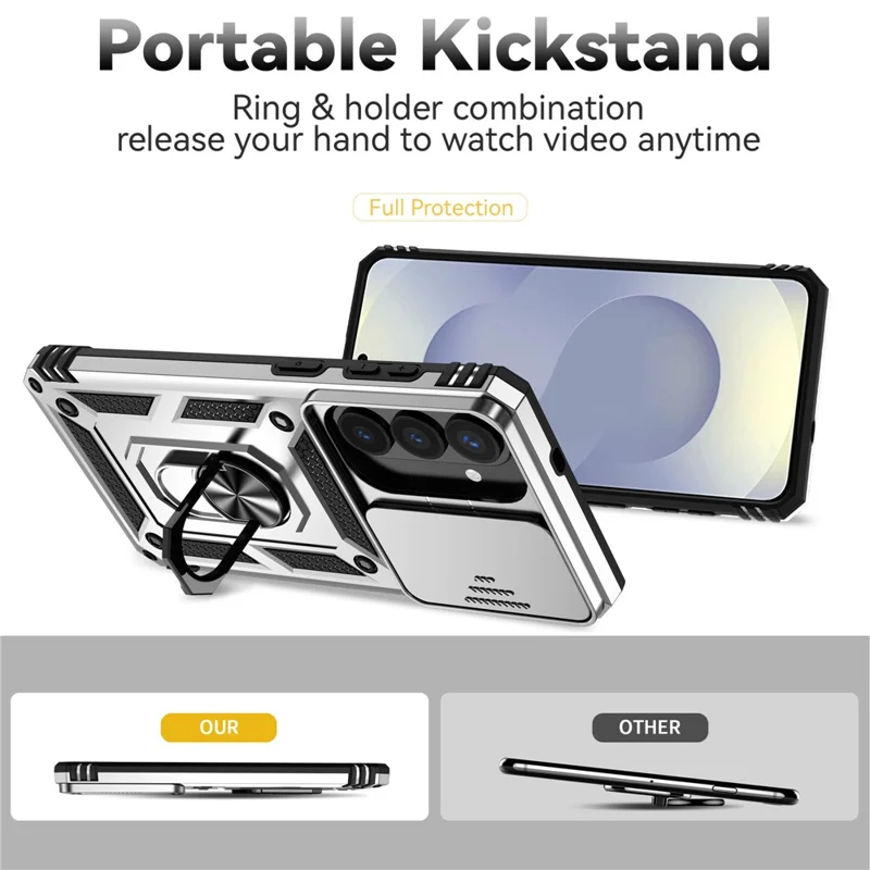 For Samsung Galaxy S26+ Case PC + TPU Phone Cover with Lens Protection Kickstand - Silver