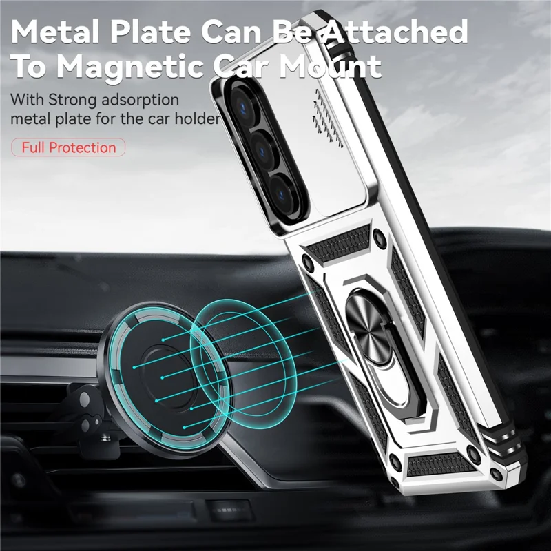 For Samsung Galaxy S26+ Case PC + TPU Phone Cover with Lens Protection Kickstand - Silver