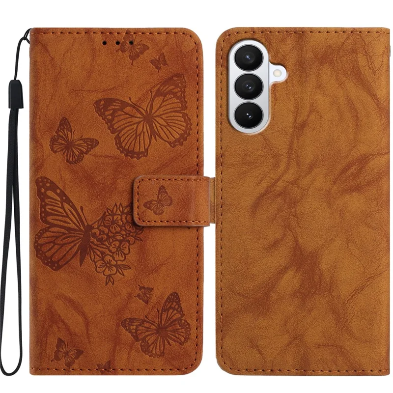 For Samsung Galaxy S26 Pro  /  S26 Leather Case Butterfly Flower Imprinted Wallet Stand Flip Phone Cover with Wrist Strap - Brown