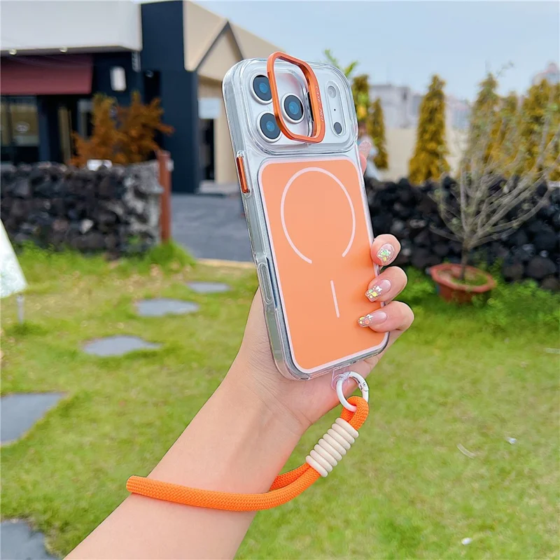 For iPhone 17 Pro Case Compatible with MagSafe Lens Kickstand TPU Acrylic Phone Cover with Matching Hand Strap - Orange