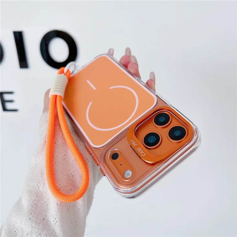 For iPhone 17 Pro Case Compatible with MagSafe Lens Kickstand TPU Acrylic Phone Cover with Matching Hand Strap - Orange