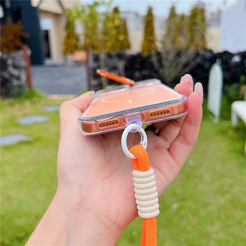 For iPhone 17 Pro Case Compatible with MagSafe Lens Kickstand TPU Acrylic Phone Cover with Matching Hand Strap - Orange