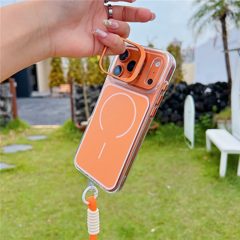 For iPhone 17 Pro Case Compatible with MagSafe Lens Kickstand TPU Acrylic Phone Cover with Matching Hand Strap - Orange