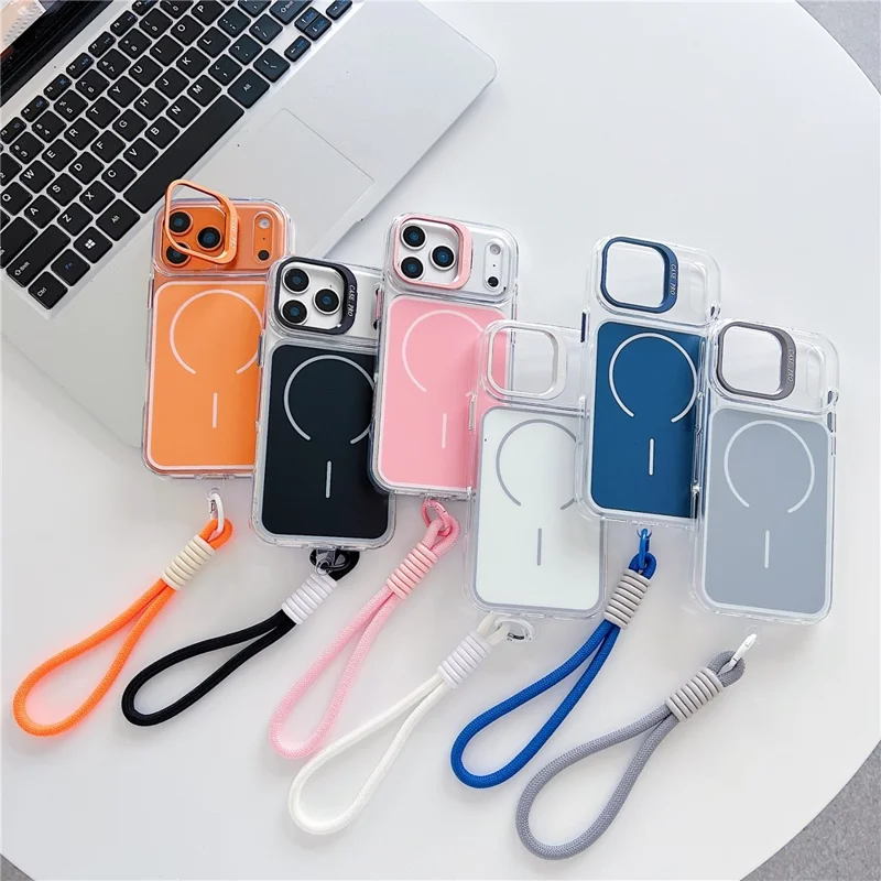 For iPhone 17 Pro Case Compatible with MagSafe Lens Kickstand TPU Acrylic Phone Cover with Matching Hand Strap - Orange