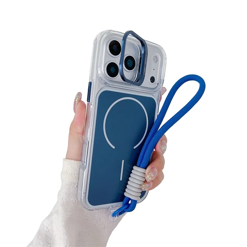Coque pour iPhone 17 Pro Max compatible MagSafe avec support intégré en lentille, housse en TPU et acrylique avec dragonne assortie - Bleu