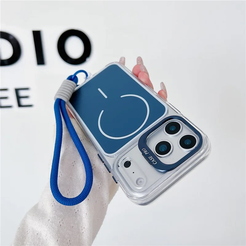 Coque pour iPhone 17 Pro Max compatible MagSafe avec support intégré en lentille, housse en TPU et acrylique avec dragonne assortie - Bleu