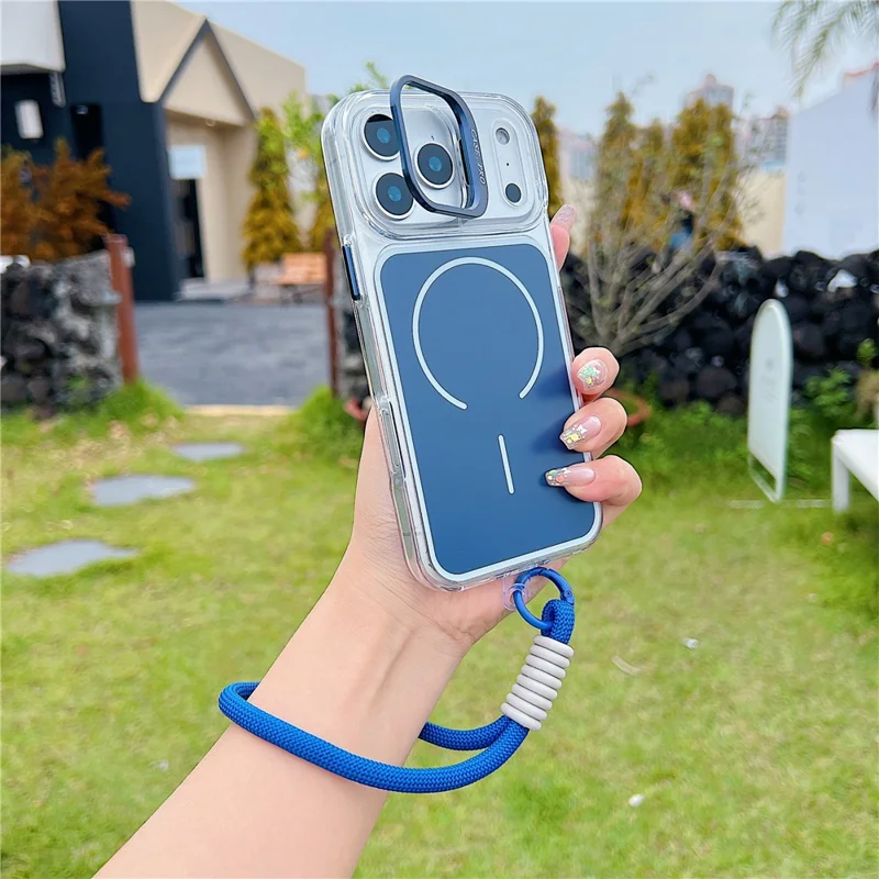 Coque pour iPhone 17 Pro Max compatible MagSafe avec support intégré en lentille, housse en TPU et acrylique avec dragonne assortie - Bleu