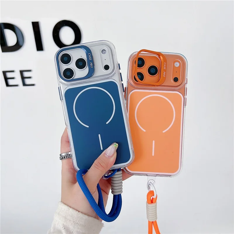 Coque pour iPhone 17 Pro Max compatible MagSafe avec support intégré en lentille, housse en TPU et acrylique avec dragonne assortie - Bleu