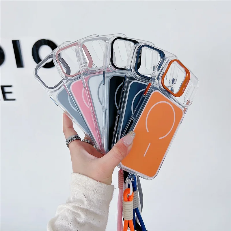 Coque pour iPhone 17 Pro Max compatible MagSafe avec support intégré en lentille, housse en TPU et acrylique avec dragonne assortie - Bleu