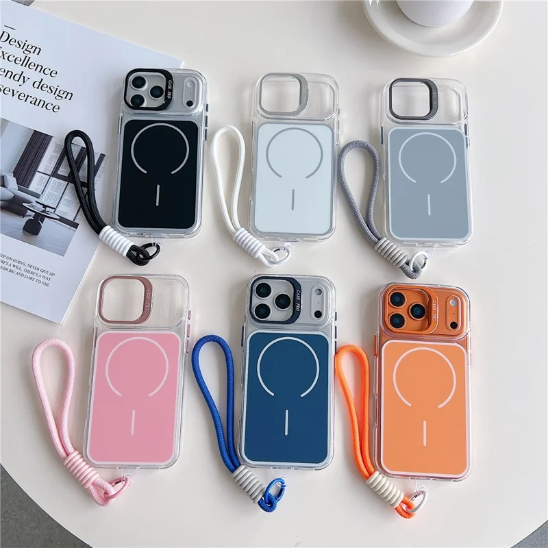 Coque pour iPhone 17 Pro Max compatible MagSafe avec support intégré en lentille, housse en TPU et acrylique avec dragonne assortie - Bleu