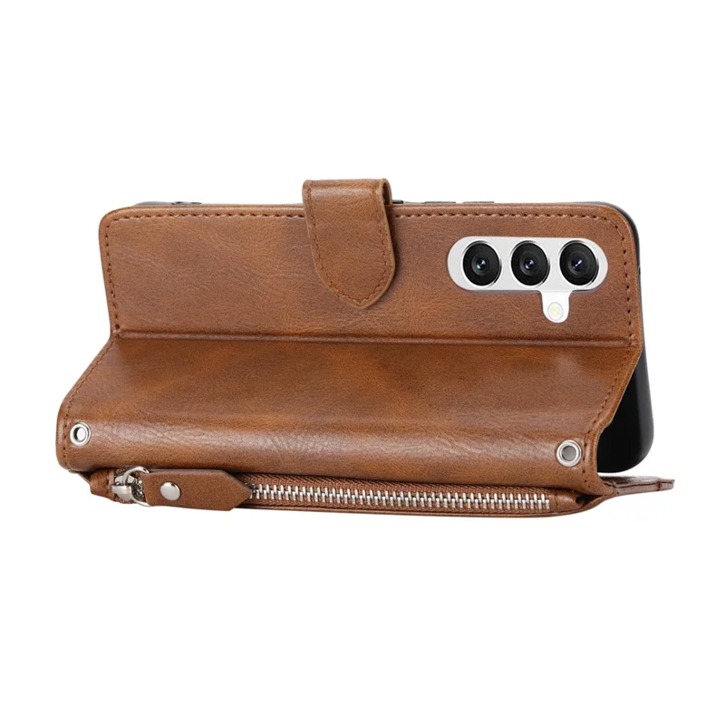 For Samsung Galaxy A37 5G Case Zipper Pocket Leather Phone Cover with Crossbody Shoulder Strap - Brown