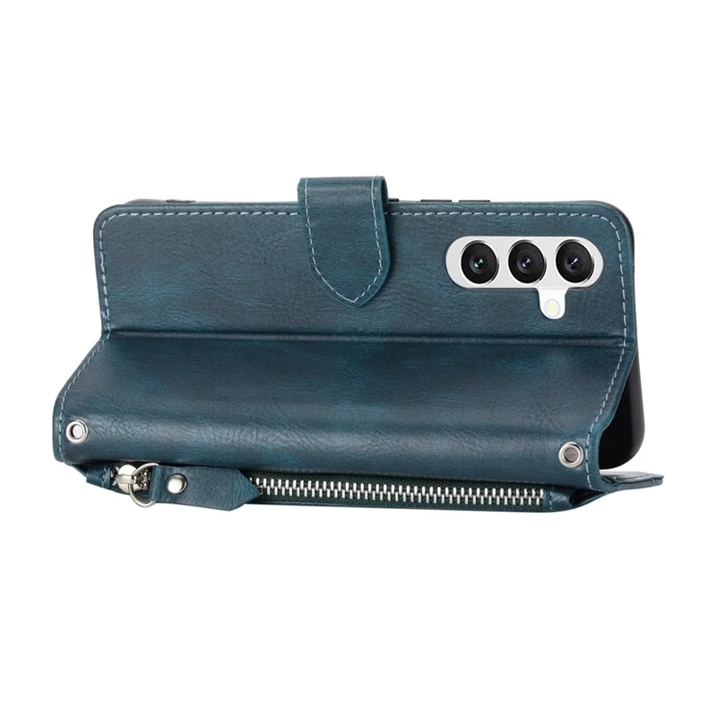 For Samsung Galaxy A57 5G Case Zipper Pocket Leather Phone Cover with Crossbody Shoulder Strap - Blackish Green