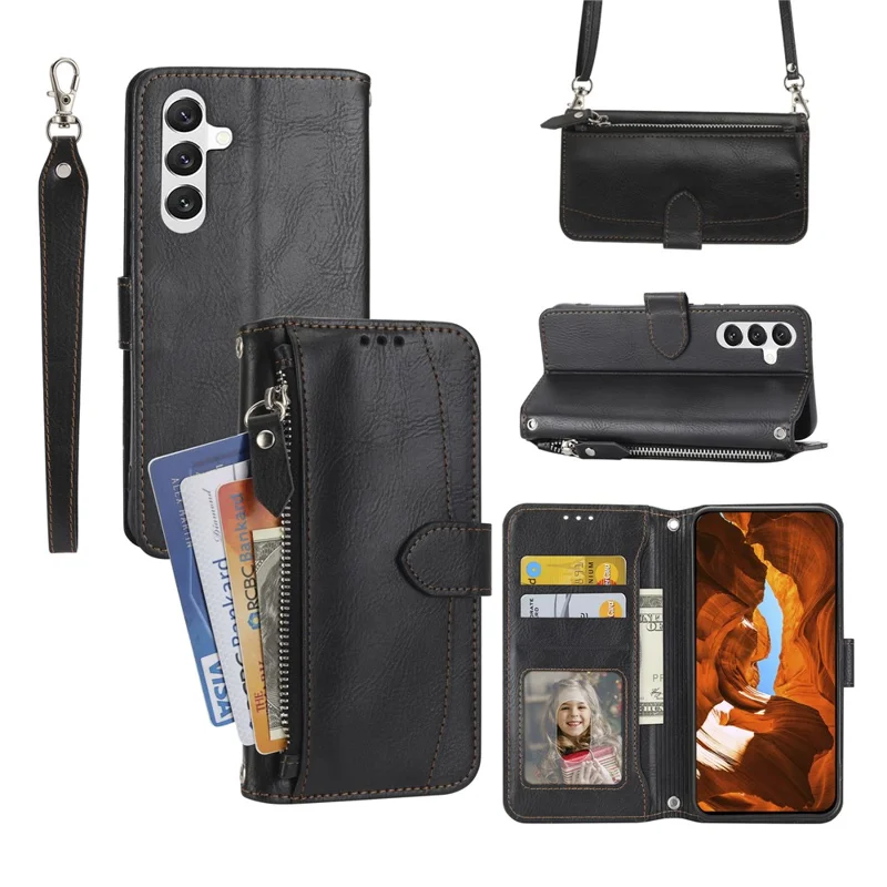For Samsung Galaxy S26+ Case Zipper Pocket Leather Phone Cover with Crossbody Shoulder Strap - Black