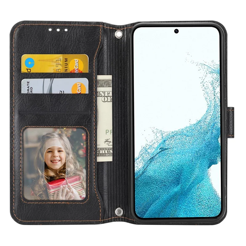 For Samsung Galaxy S26+ Case Zipper Pocket Leather Phone Cover with Crossbody Shoulder Strap - Black