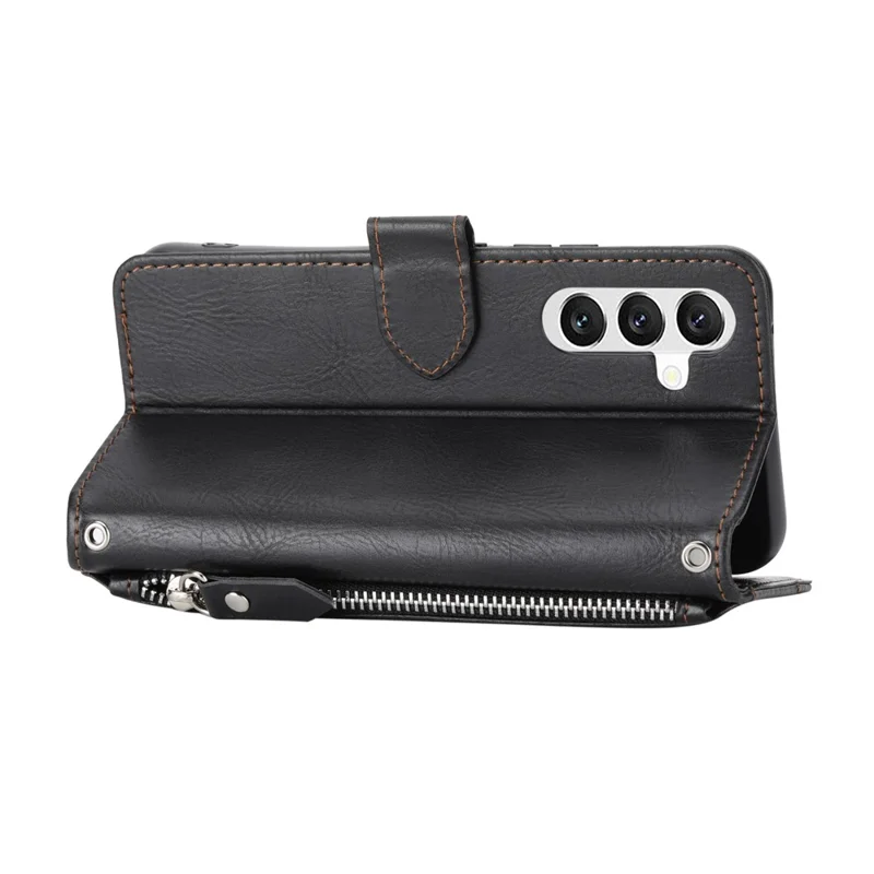 For Samsung Galaxy S26+ Case Zipper Pocket Leather Phone Cover with Crossbody Shoulder Strap - Black