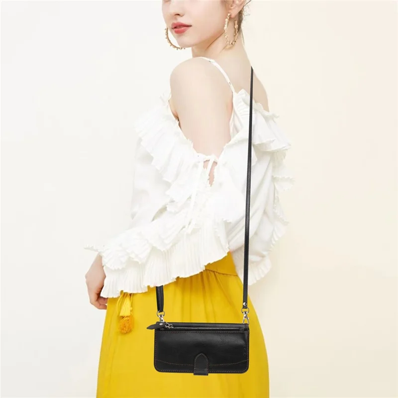 For Samsung Galaxy S26+ Case Zipper Pocket Leather Phone Cover with Crossbody Shoulder Strap - Black