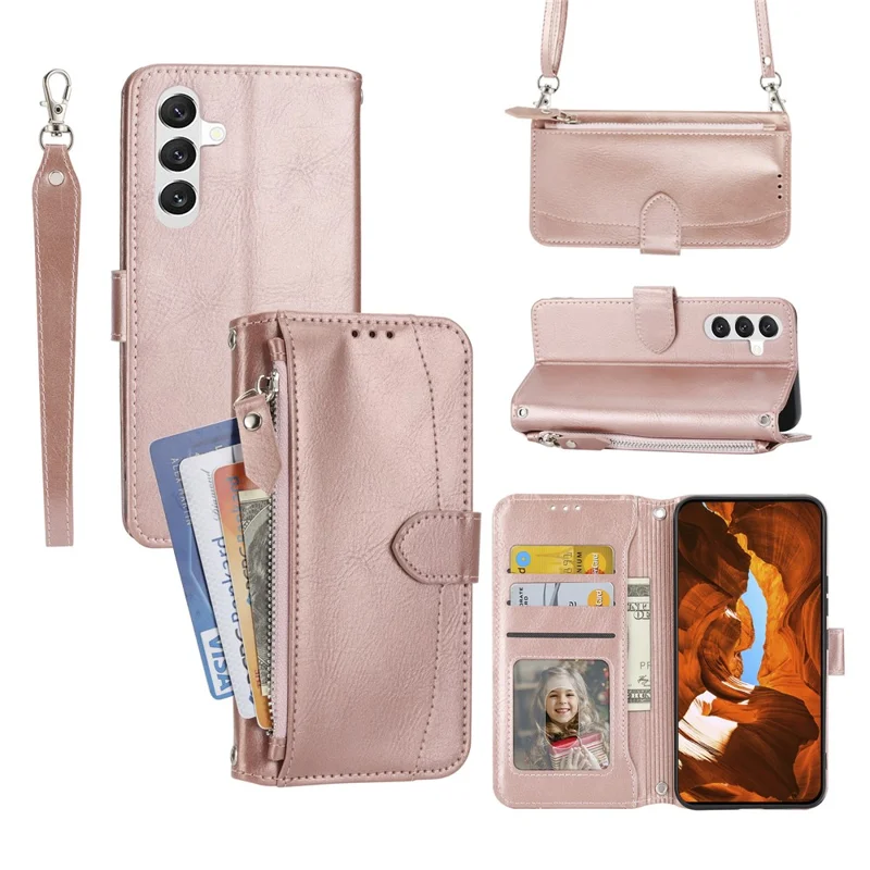 For Samsung Galaxy S26 Case Zipper Pocket Leather Phone Cover with Crossbody Shoulder Strap - Rose Gold